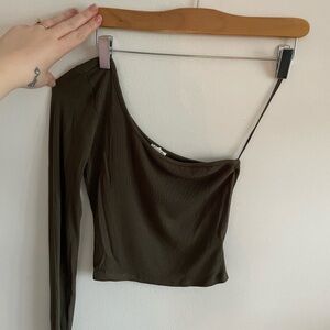 Earthy Romantic Green One-Shoulder Ribbed Festival Fairy Crop Top XS GARAGE